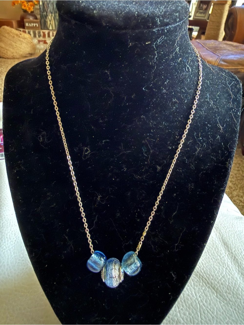 Authentic Murano Glass Pendant Necklace Shimmering Blue Foil Beads Link Chain